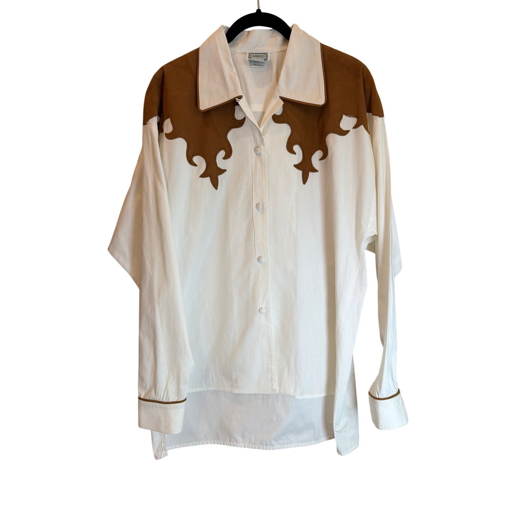 Hairston Roberson Camisa Western Shirt White Brown Yoke Cotton Blend Medium